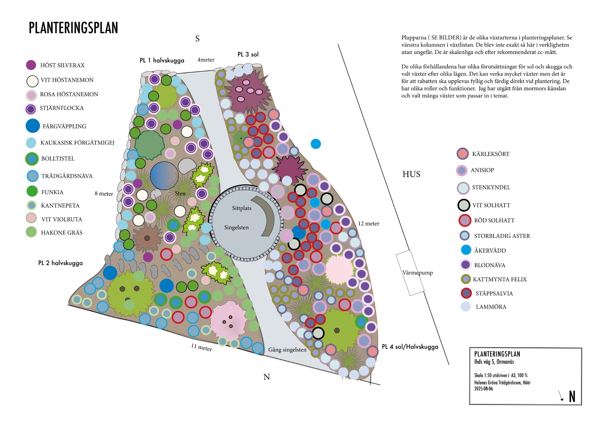 Planteringsplan med utvalda växter med fokus på biologisk mångfald, framtida klimat samt för trivsam plats att vistas på.